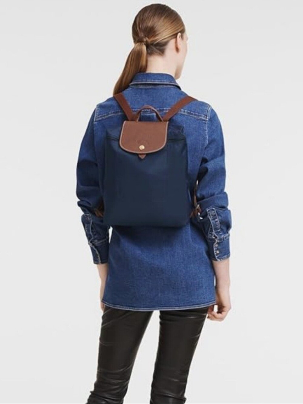 Longchamp Brown & Navy Nylon Backpack with Leather Flap - Picture 5 of 8